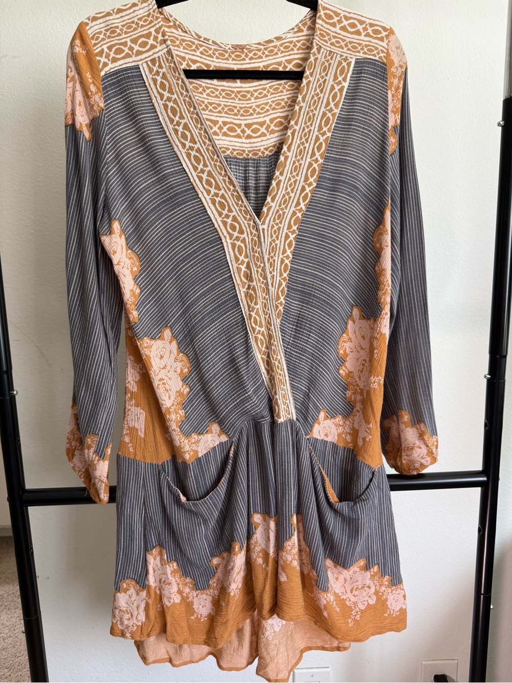 Free People Mixed Print Boho Tunic Mini Dress Pockets Size L